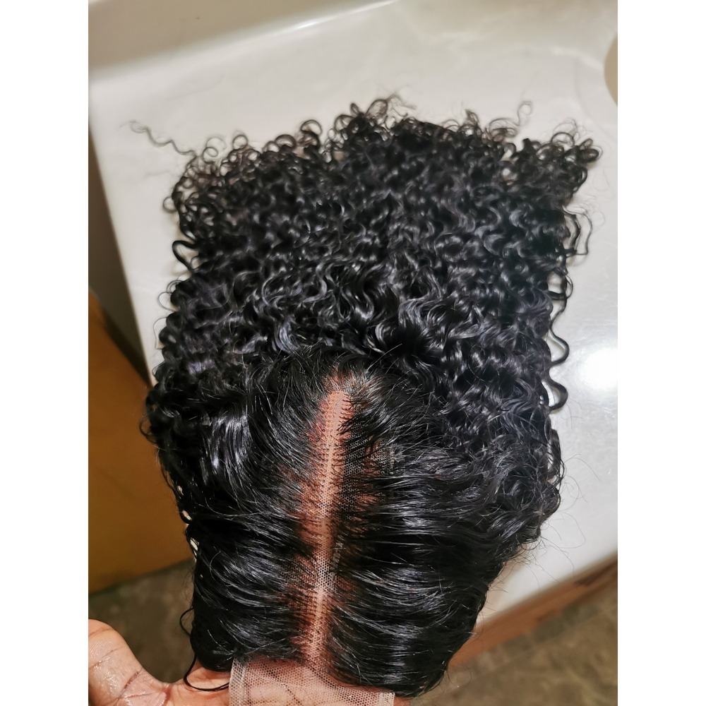 Quality Natural Black Burmese Curly Human Hair Glueless Deep Closure Wig 16"